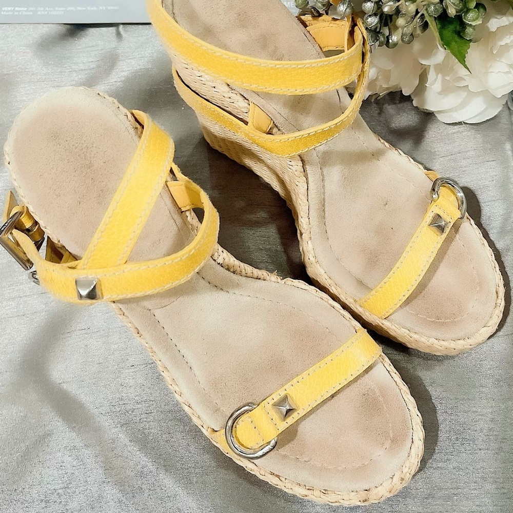 Authentic PRADA Women’s Yellow  Leather Strappy Wedge Espadrille Sandals